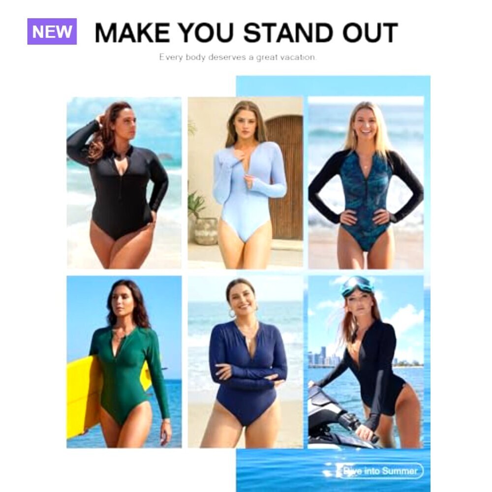 Long Sleeve Rash Guard One Piece Swimsuit with Zipper UPF 50 - Picture 6 of 7